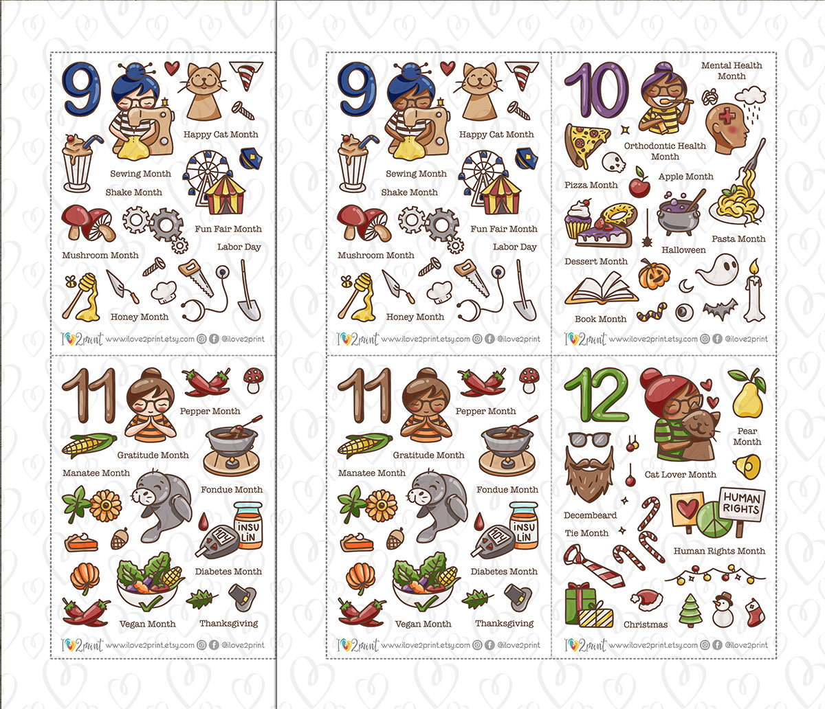 Elena Monthly Wacky Holidays Stickers - COLOR (2 skin variation) Printable Planner Sticker - PDF & Cut Files