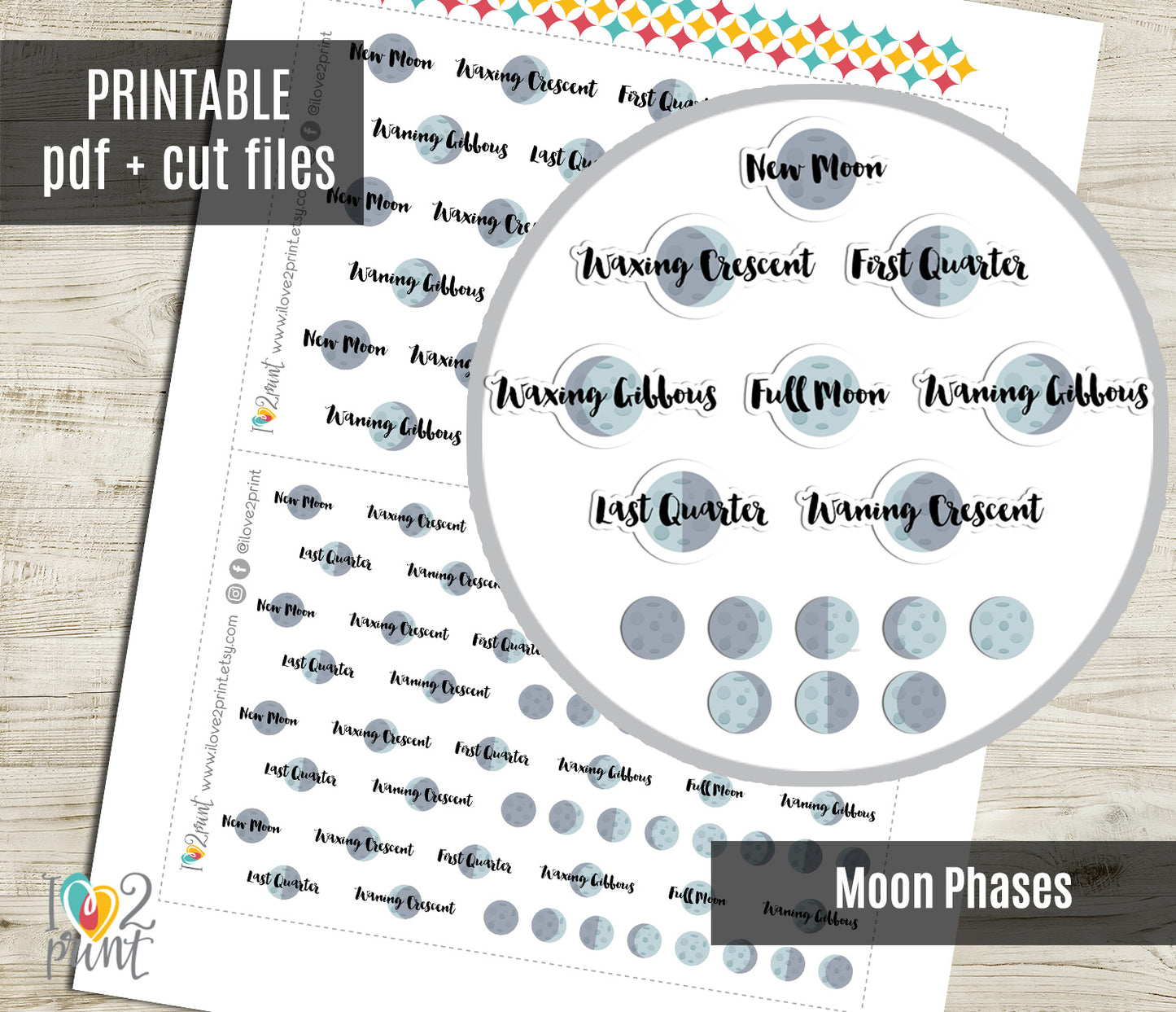 Moon Phases Printable Planner Stickers - PDF & Cut Files