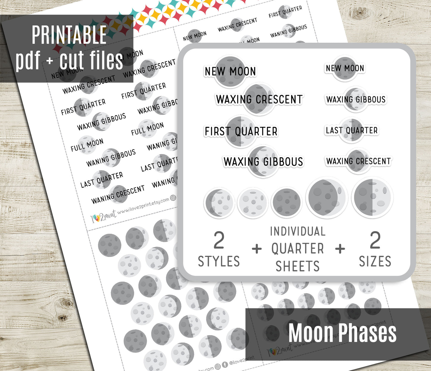 Moon Phases SET 2 Printable Planner Stickers - PDF & Cut Files