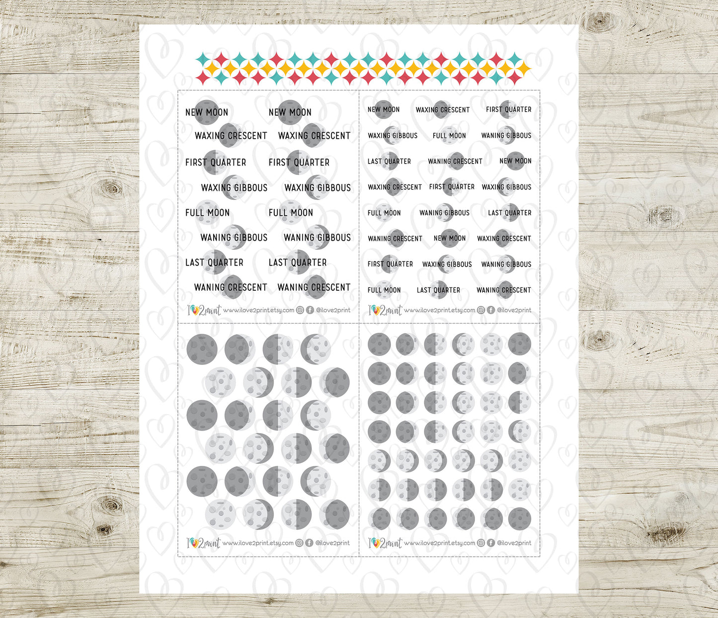 Moon Phases SET 2 Printable Planner Stickers - PDF & Cut Files