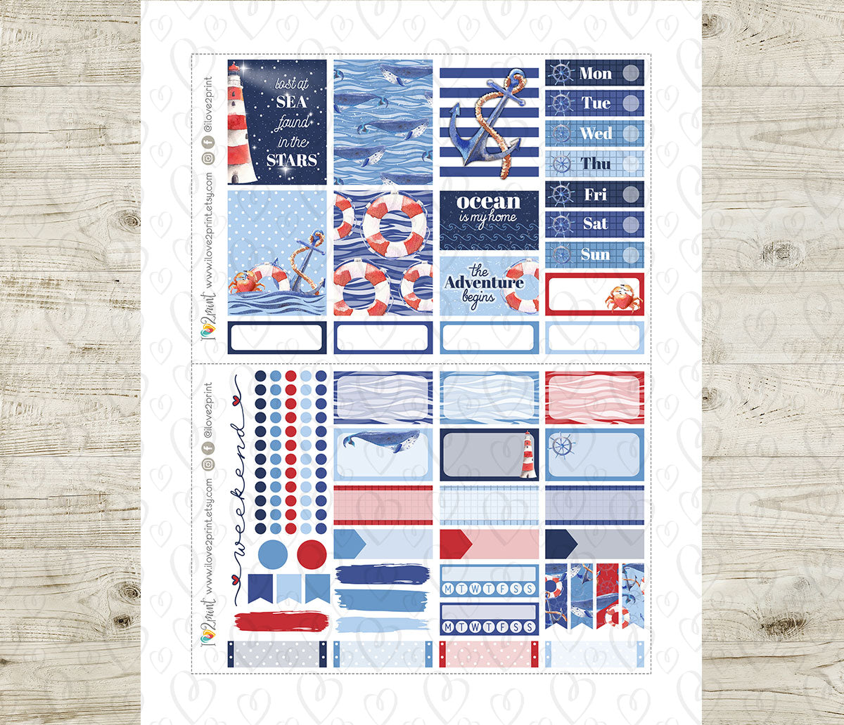 Nautical Watercolor Mini Weekly Stickers - Printable PDF & Cut Files