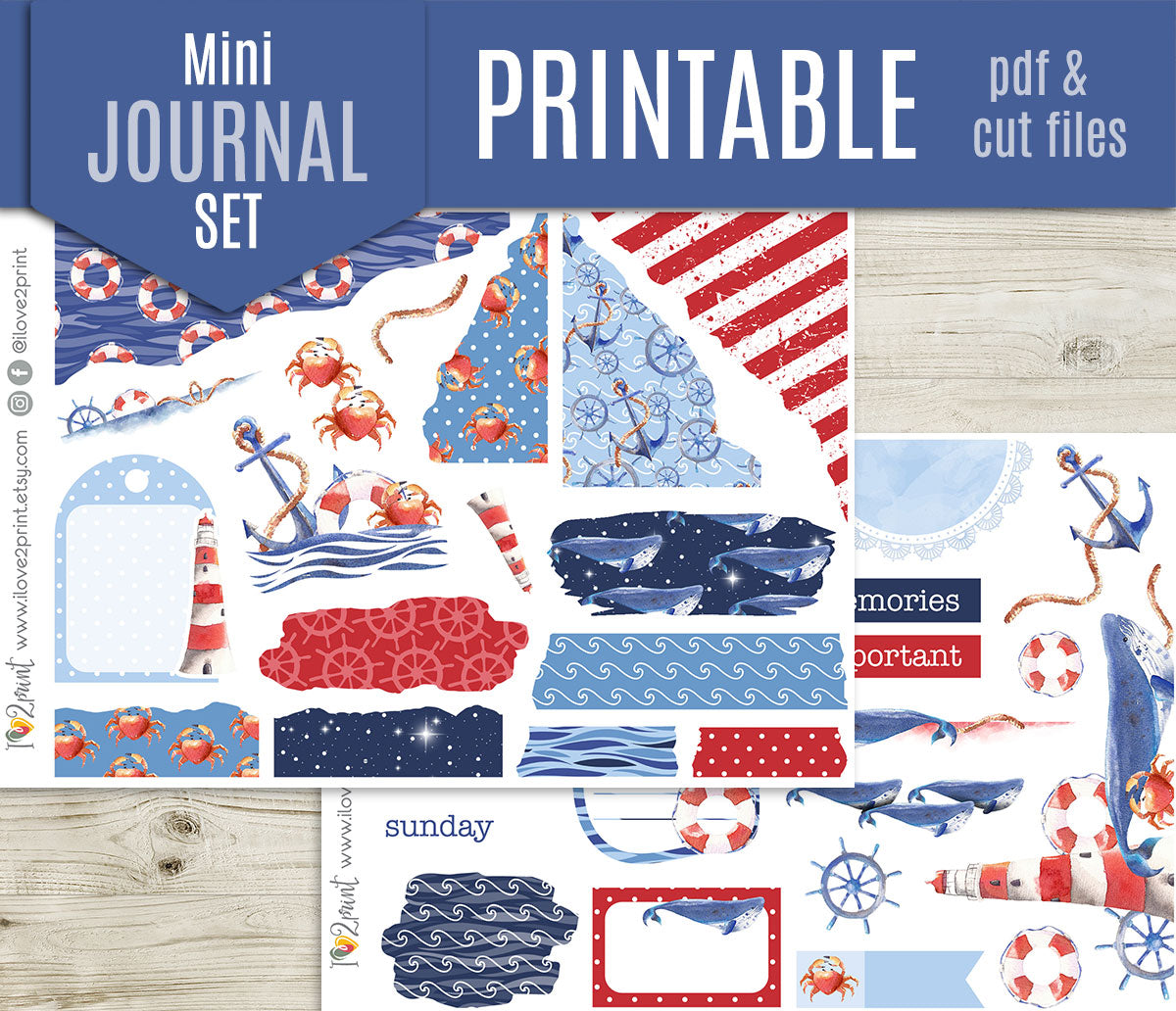 Nautical Watercolor Bullet Journal Set – Printable Summer Stickers - PDF & Cut Files