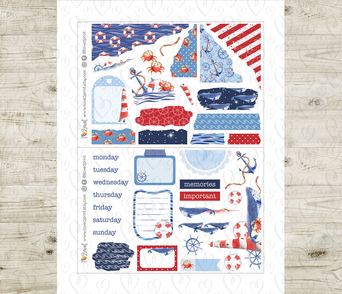 Nautical Watercolor Bullet Journal Set – Printable Summer Stickers - PDF & Cut Files