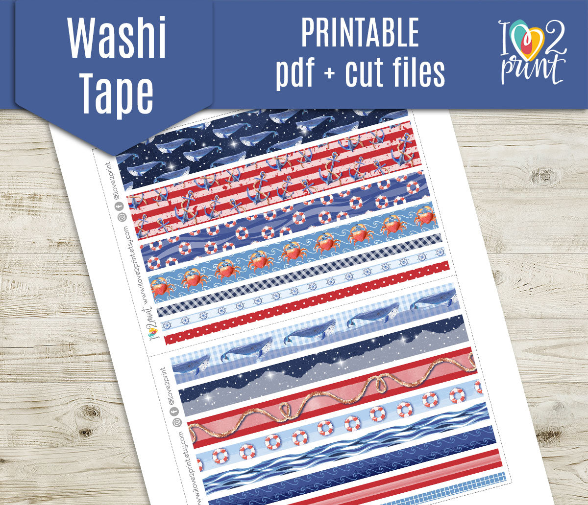 Nautical Watercolor Washi Tape Stickers - Printable PDF & Cut Files