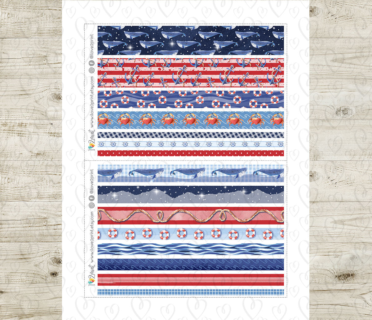 Nautical Watercolor Washi Tape Stickers - Printable PDF & Cut Files