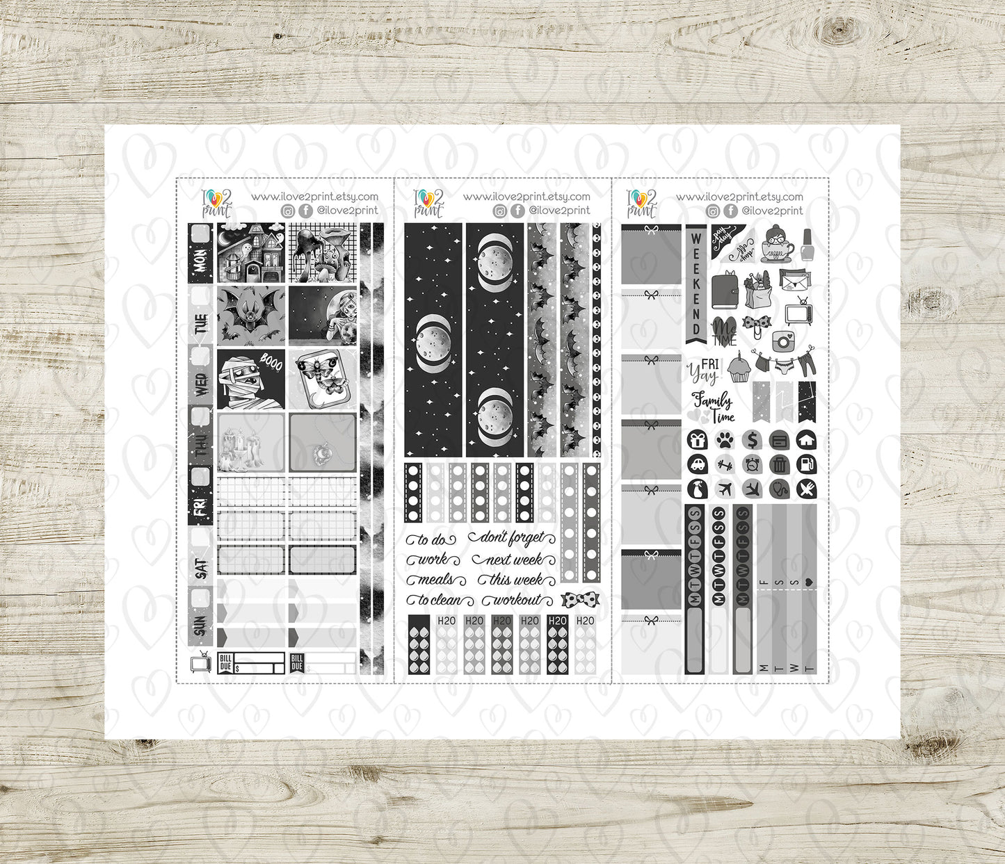 Nocturnal Shadows Stickers - Hobonichi Weeks - Printable PDF & Cut Files