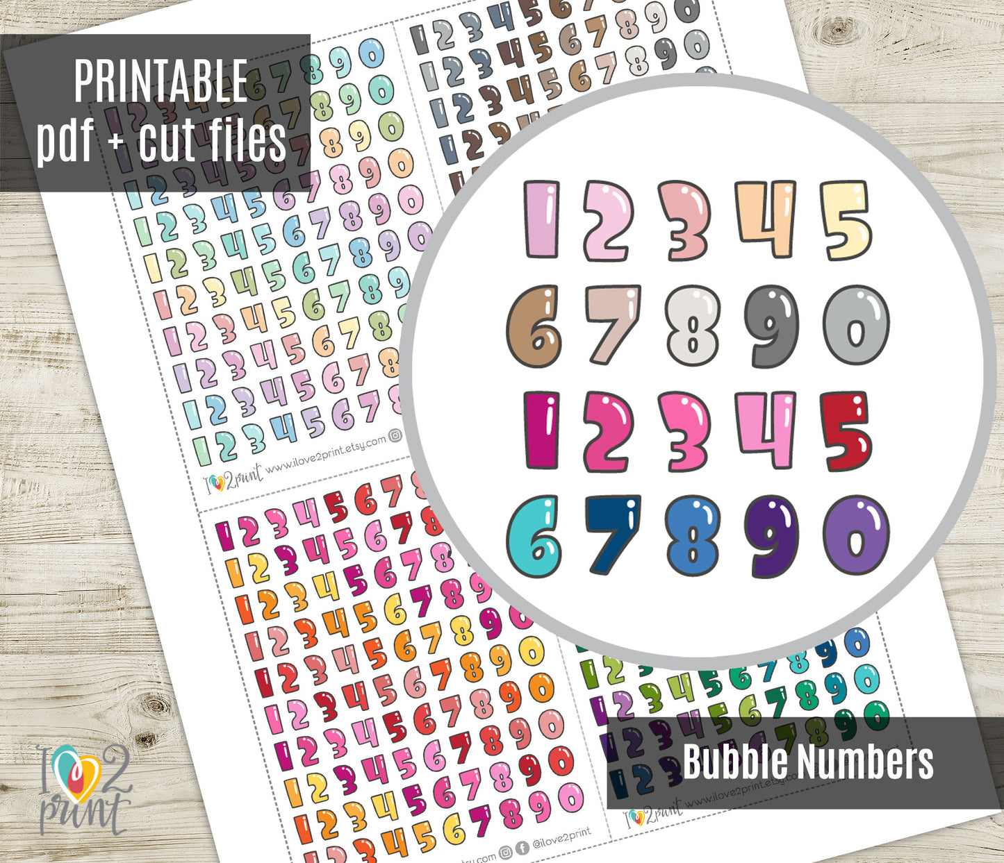 Printable Bubble Font Numbers Planner Stickers - PDF & Cut Files