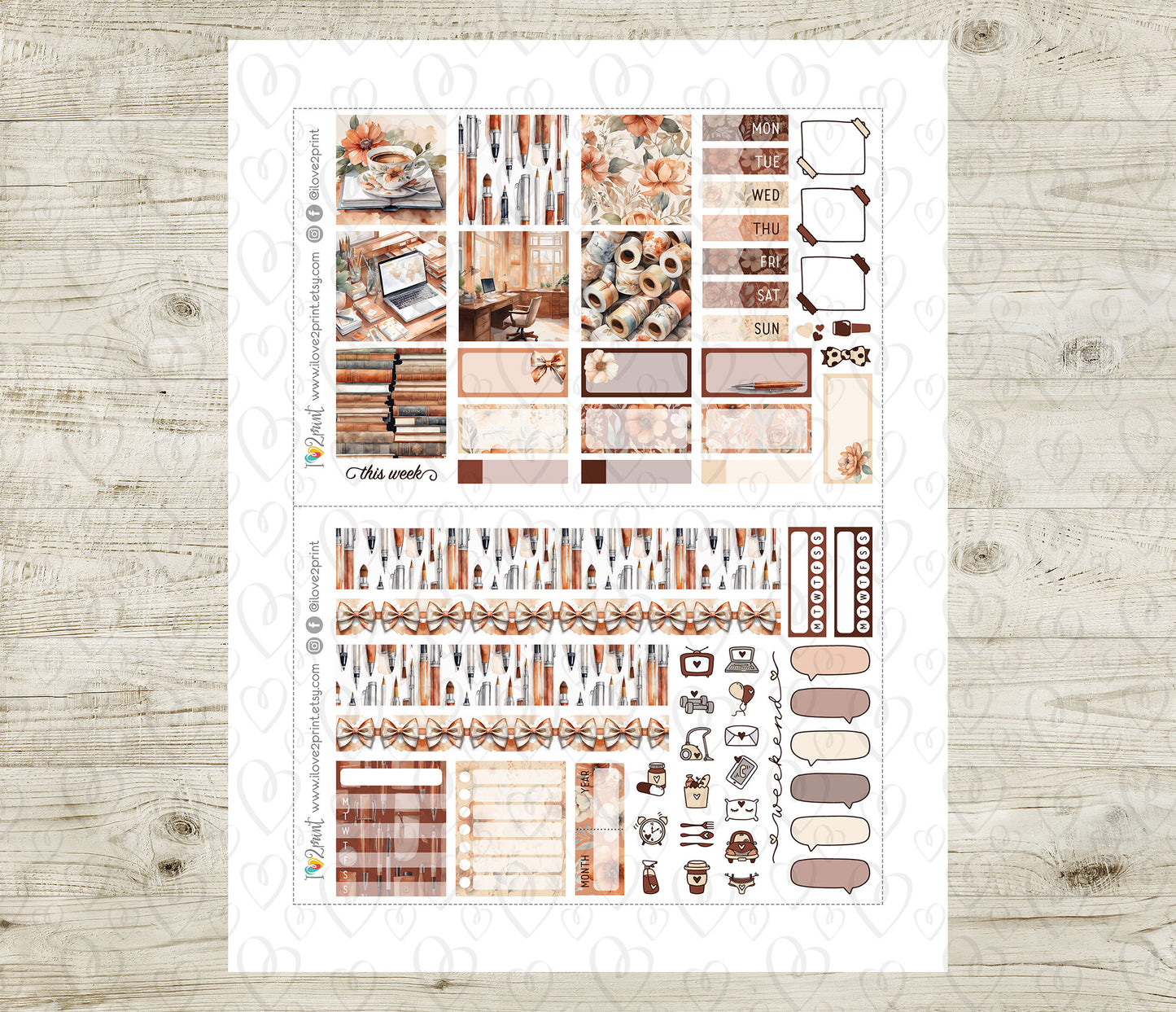 Cozy Office Hobonichi Cousin Stickers | Terracotta Work Daily | PDF Cut Files