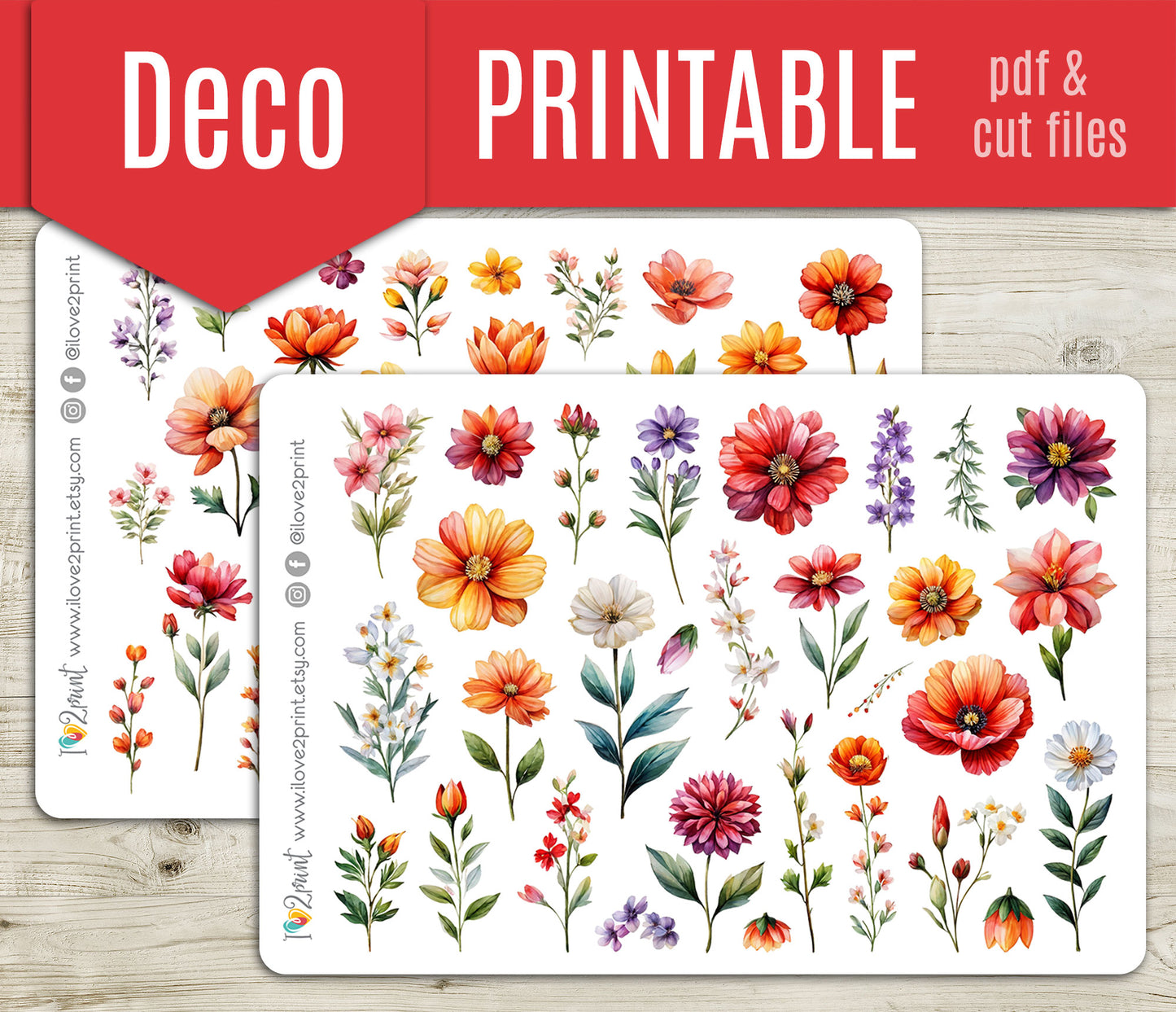 Oil Flowers Decorative Stickers - Printable PDF & Cut Files
