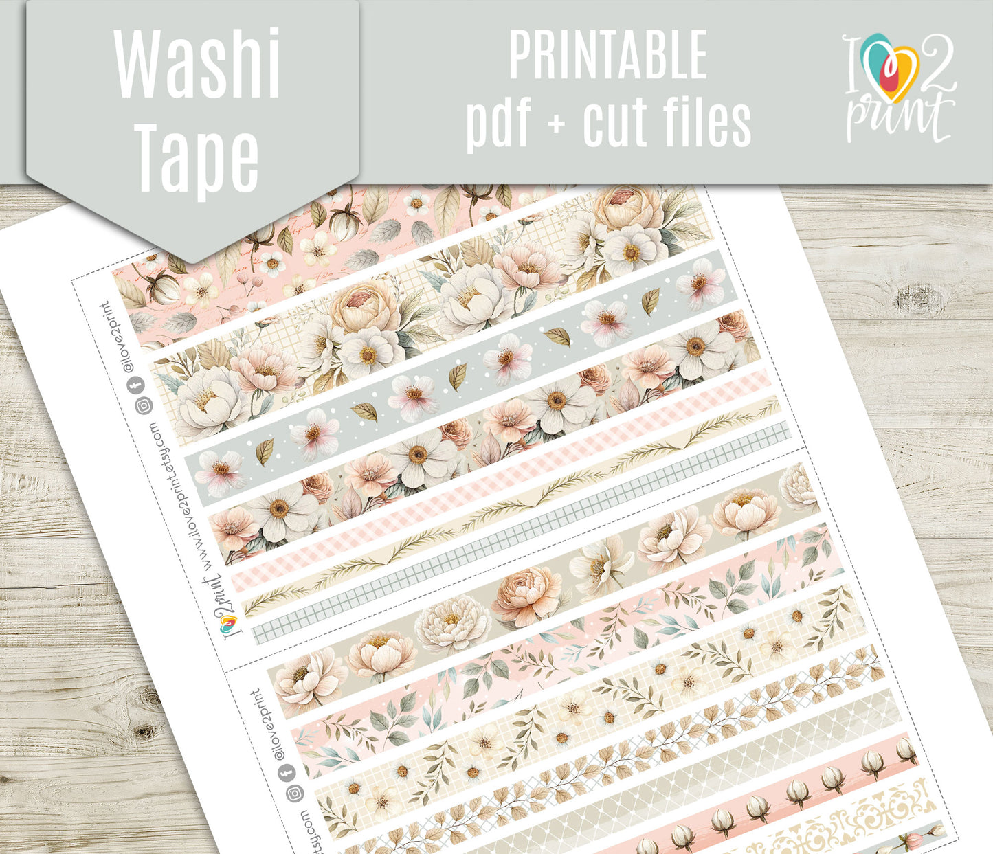 Pale Bouquet Washi Tape Stickers - Printable PDF & Cut Files