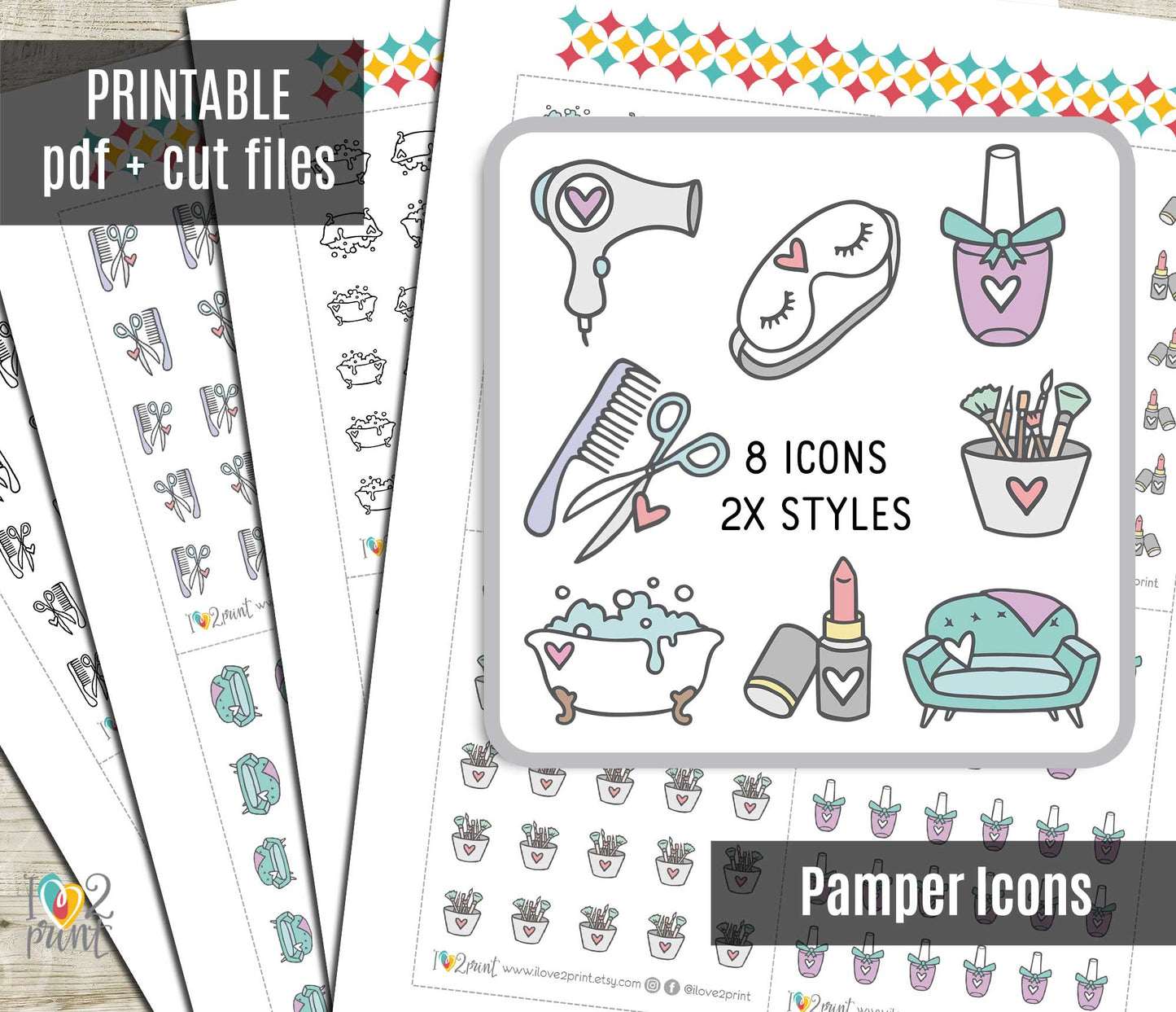 Printable Pampering Icons Stickers – Spa, Self-Care, Relaxation – Instant Download PDF + Cut Files