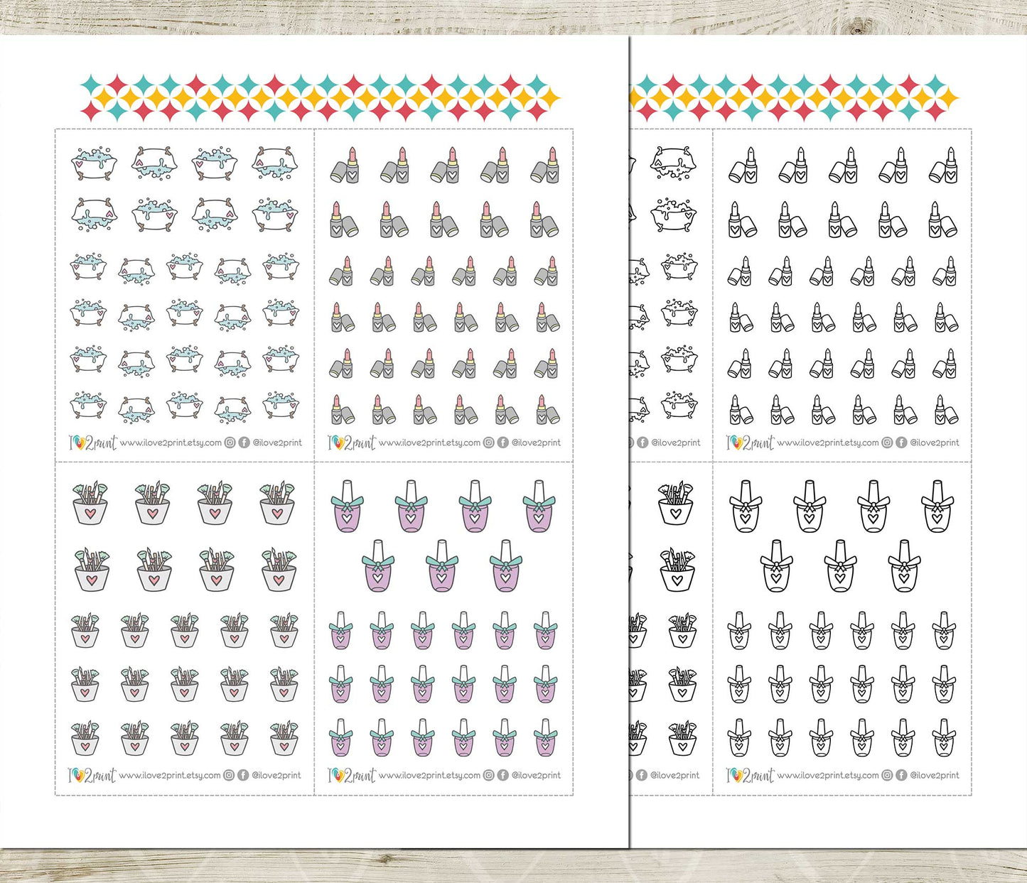 Printable Pampering Icons Stickers – Spa, Self-Care, Relaxation – Instant Download PDF + Cut Files