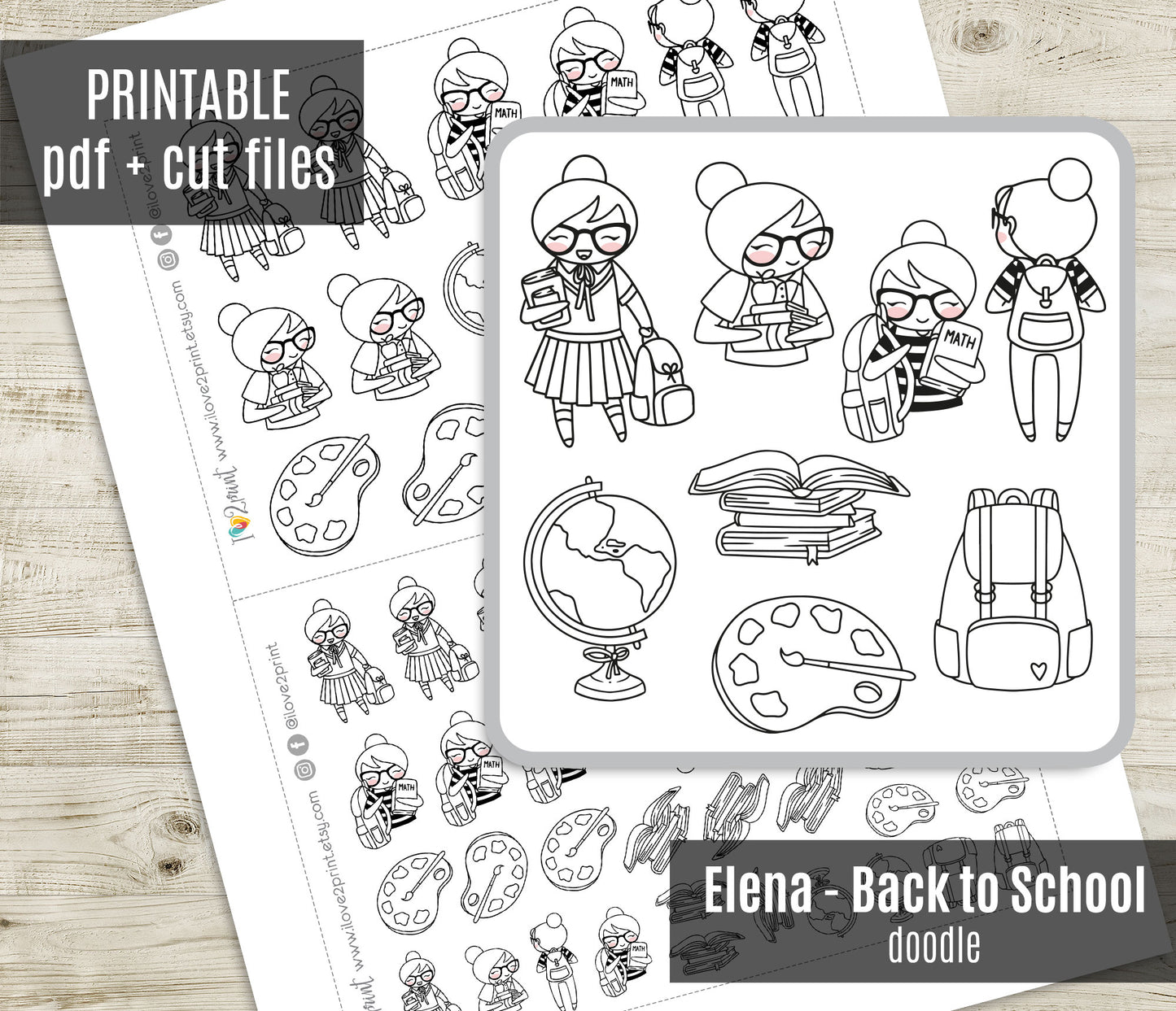Elena Back to School – DOODLE Printable Planner Stickers – Study & Supplies – PDF + Cut Files