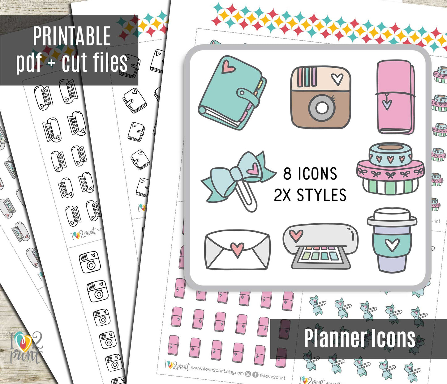 Planner Girl Essentials Icons Stickers Set - Functional Printable Stickers - PDF & Cut Files