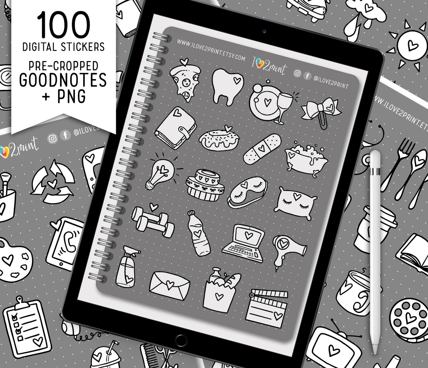 100 Doodle Daily Icons - Pre-Cropped STAMP GoodNotes Book Digital Planner Sticker