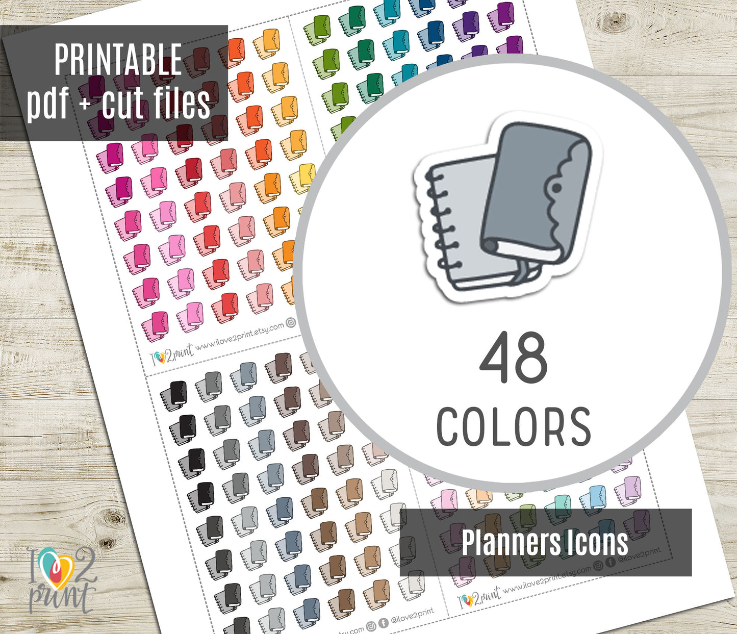 Planner Icons – Functional Printable Stickers in 48 Colors – PDF & Cut Files