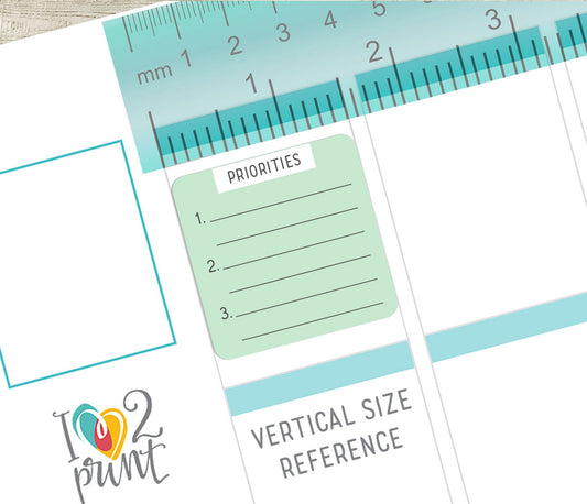 Planner stickers with a priority list sticker and ruler for vertical size planner reference