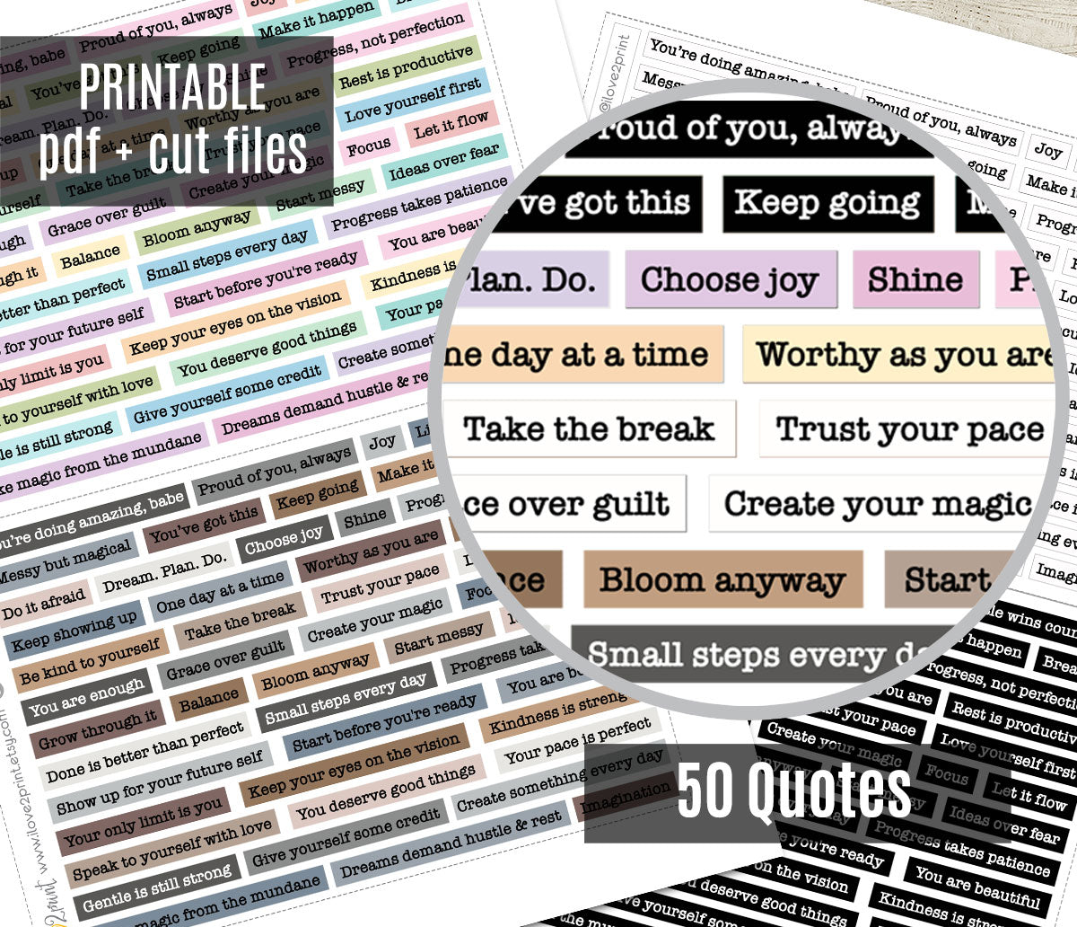 Quote Words Sticker Set – 50 Functional & Decorative Overlays – Printable Planner Stickers – PDF + Cut Files