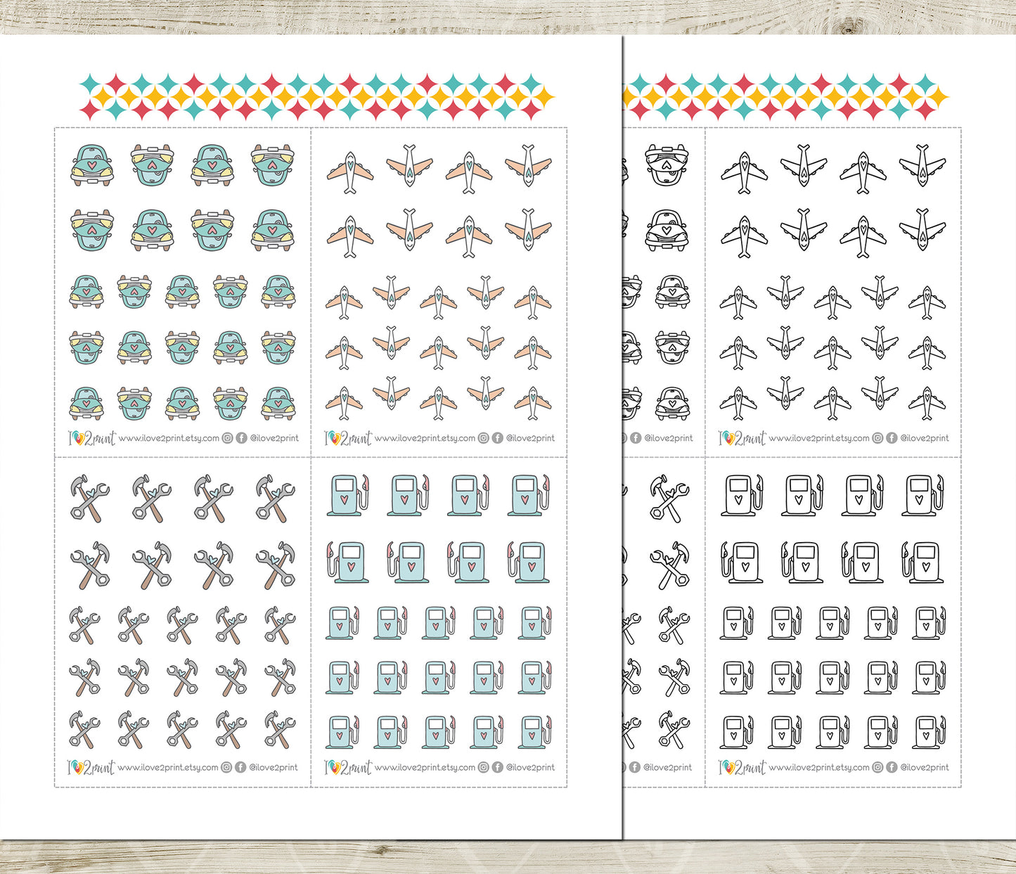 Printable Travel Icons Stickers – Plane, Car, Gas & Tools – Instant Download PDF + Cut Files