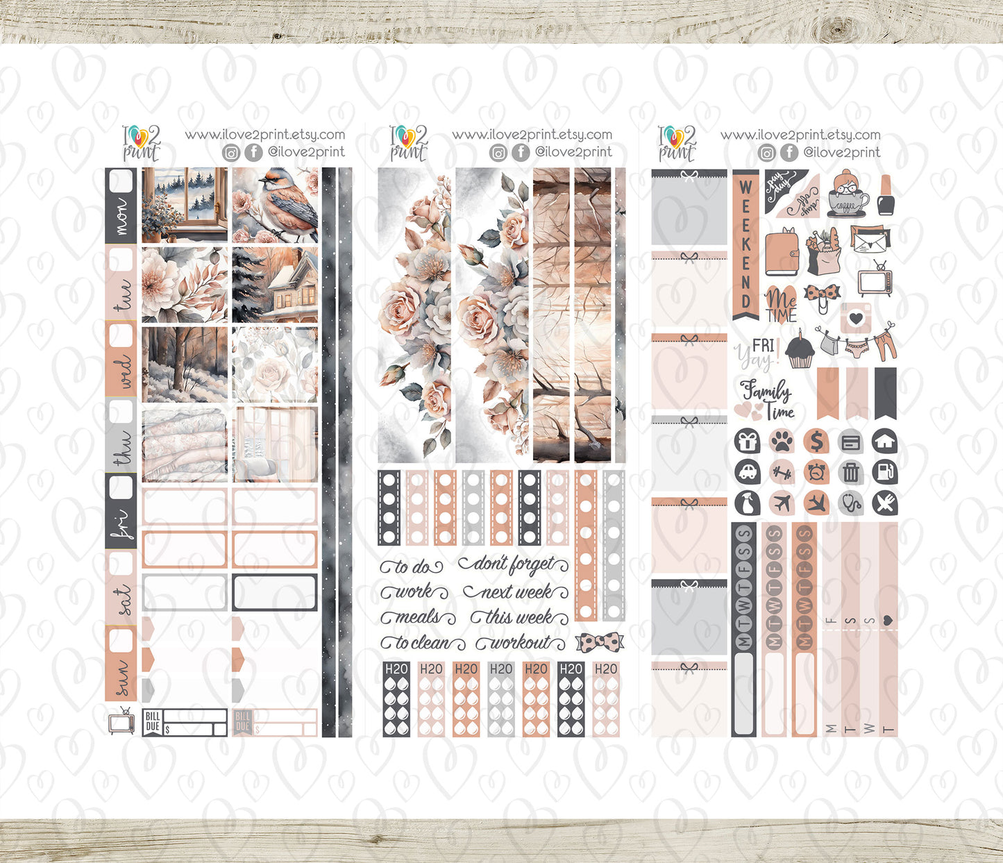 Rose Winter Hobonichi Weeks Printable Stickers | Slim Floral Night | PDF Cut Files | Instant Download
