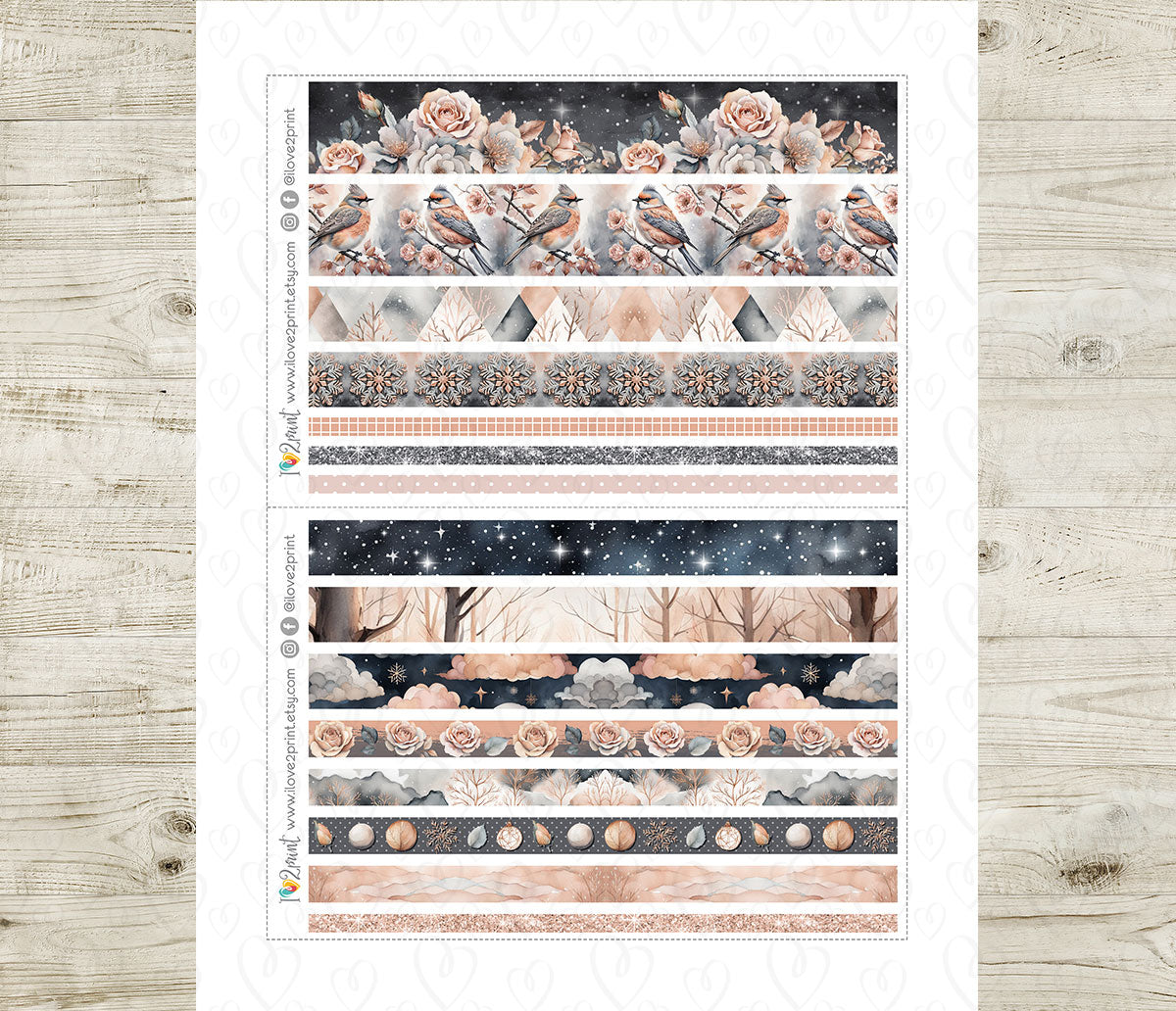 Rose Winter Washi Tape Printable Stickers | Floral Frost Borders | PDF Cut Files | Instant Download