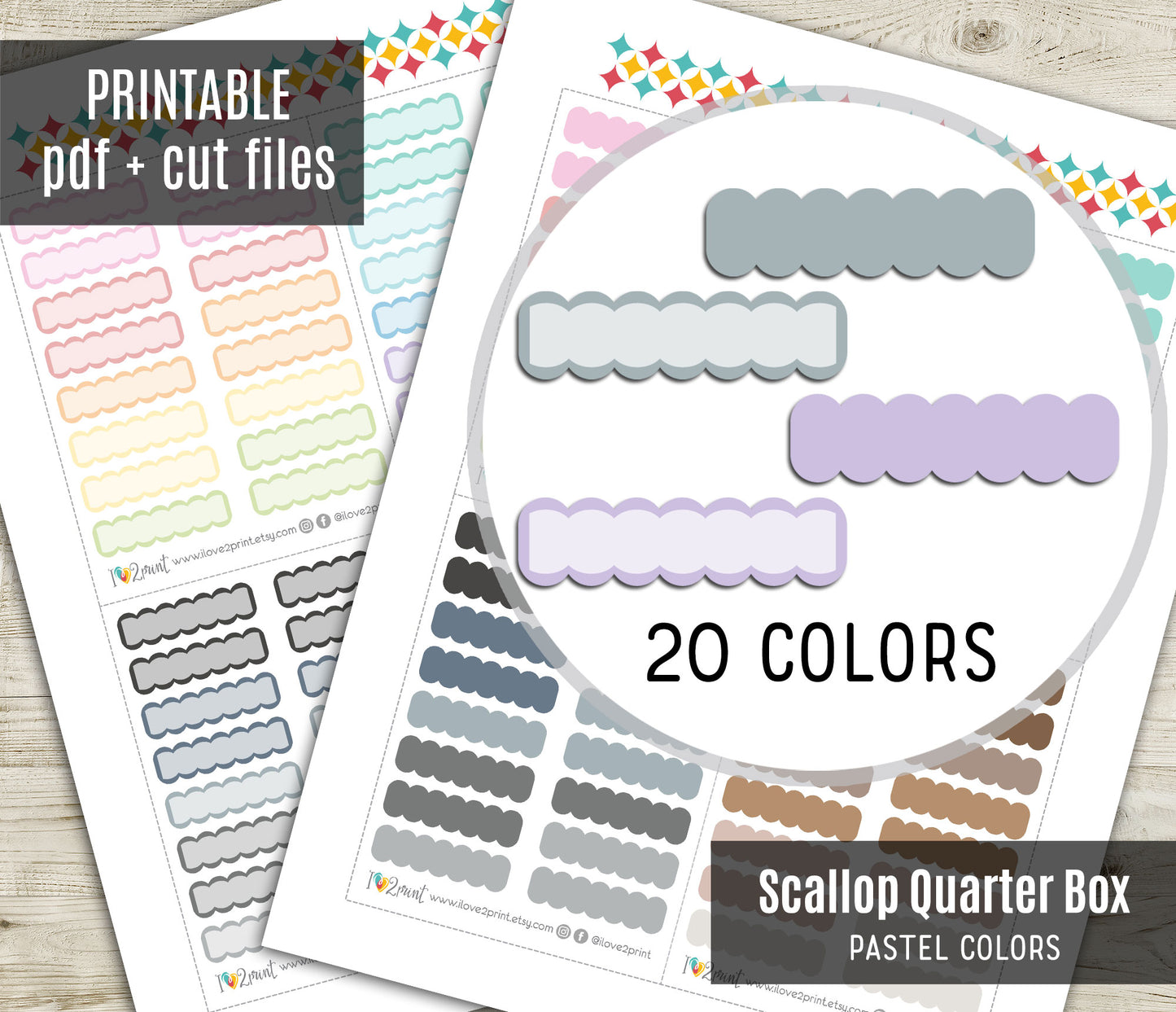 Scallop Quarter Boxes Printable Planner Stickers - Pastel Colors - PDF & Cut Files