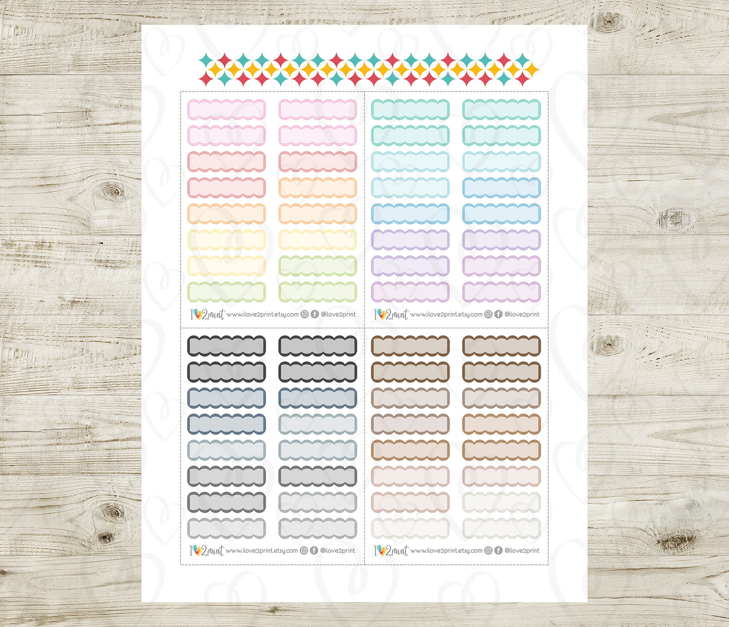 Scallop Quarter Boxes Printable Planner Stickers - Pastel Colors - PDF & Cut Files