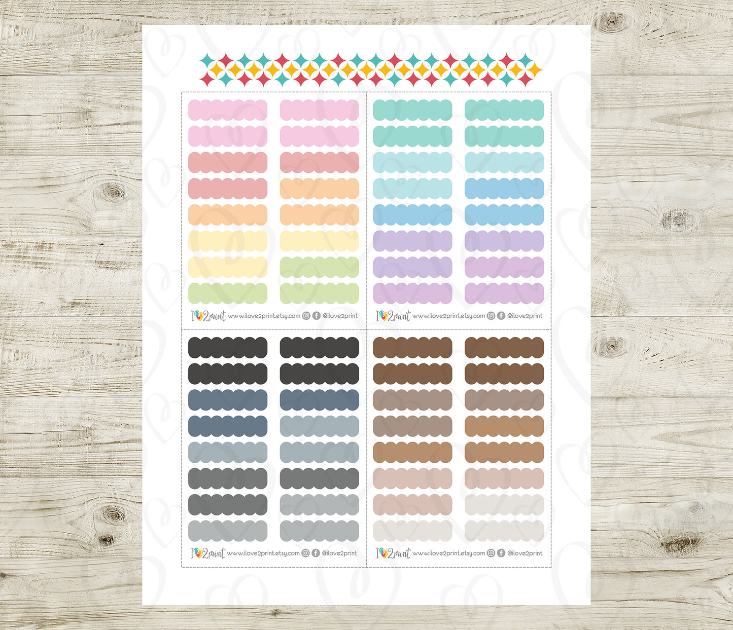 Scallop Quarter Boxes Printable Planner Stickers - Pastel Colors - PDF & Cut Files