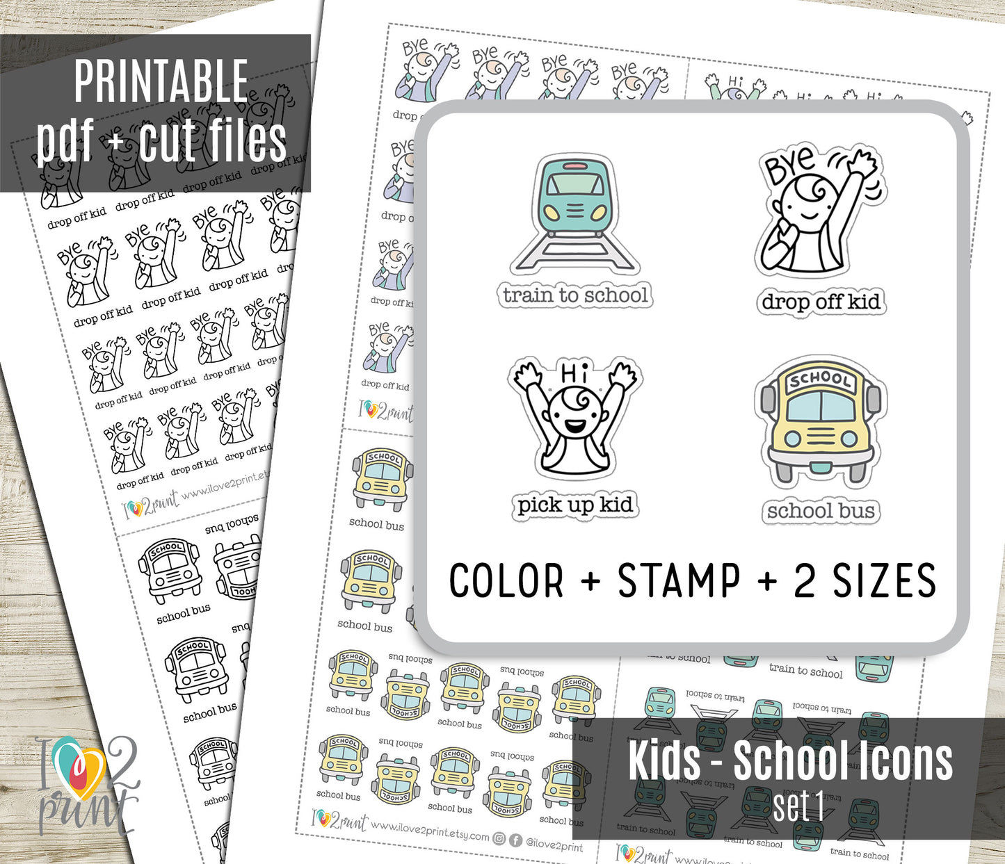 Children's Transportation Icons Stickers – Printable (drop-off/pick-up, school buses & train) - PDF & Cut Files