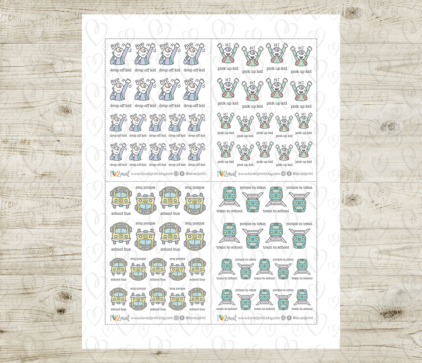Children's Transportation Icons Stickers – Printable (drop-off/pick-up, school buses & train) - PDF & Cut Files