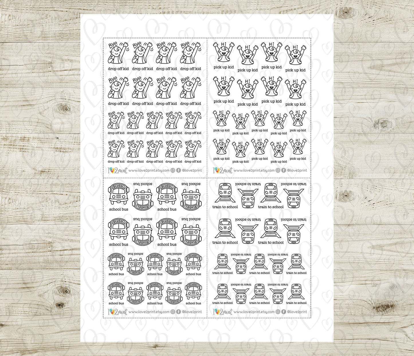 Children's Transportation Icons Stickers – Printable (drop-off/pick-up, school buses & train) - PDF & Cut Files