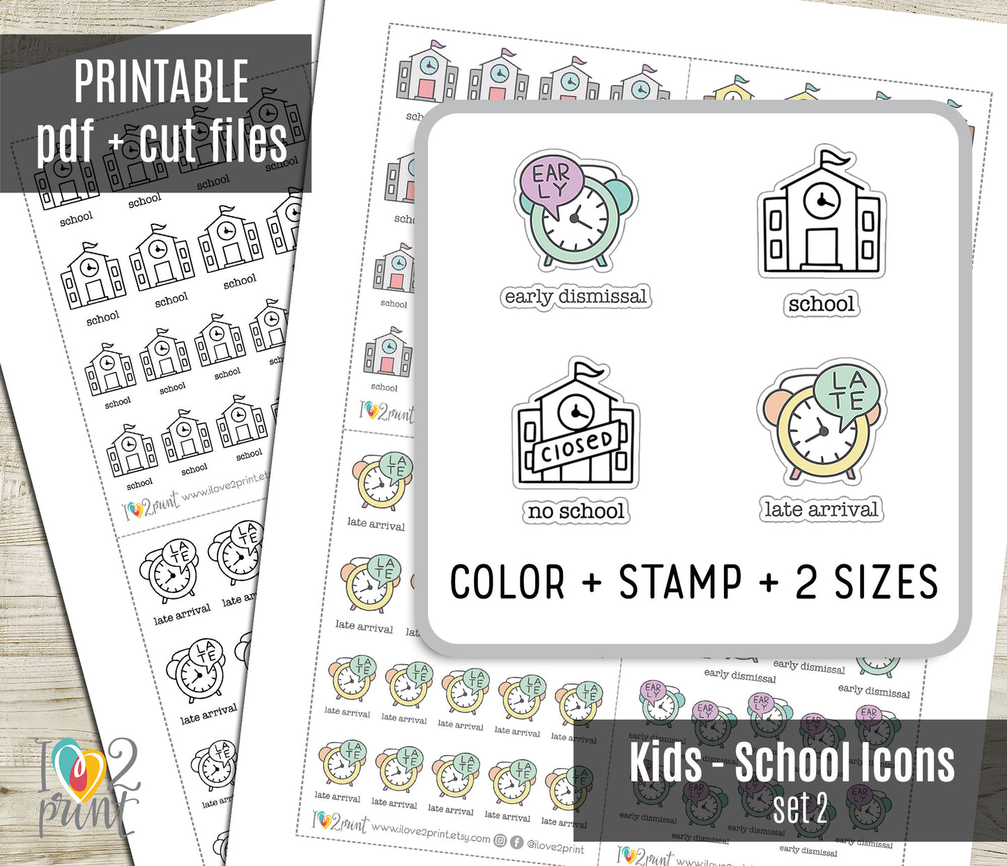 Children's School Schedule Icons Stickers – Printable (School, No School, Early Dismissal and Late Arrival) - PDF & Cut Files