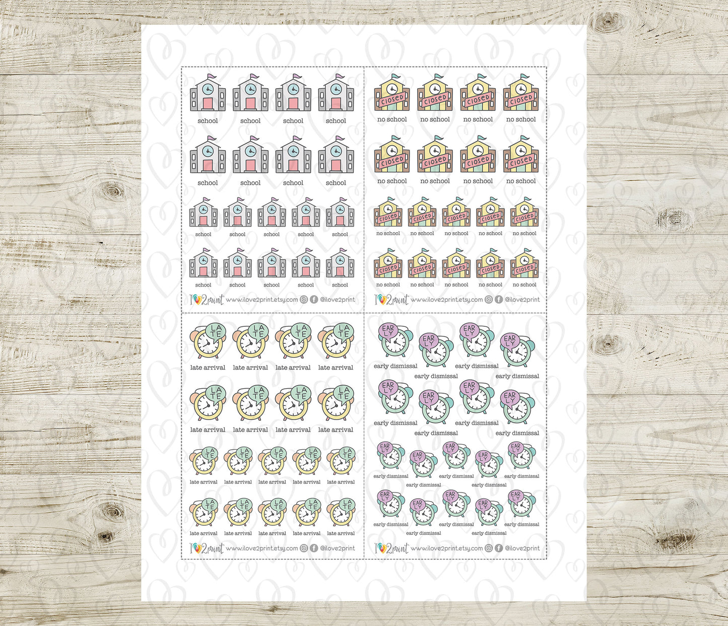 Children's School Schedule Icons Stickers – Printable (School, No School, Early Dismissal and Late Arrival) - PDF & Cut Files