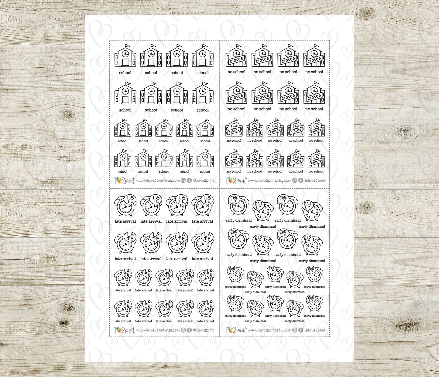 Children's School Schedule Icons Stickers – Printable (School, No School, Early Dismissal and Late Arrival) - PDF & Cut Files