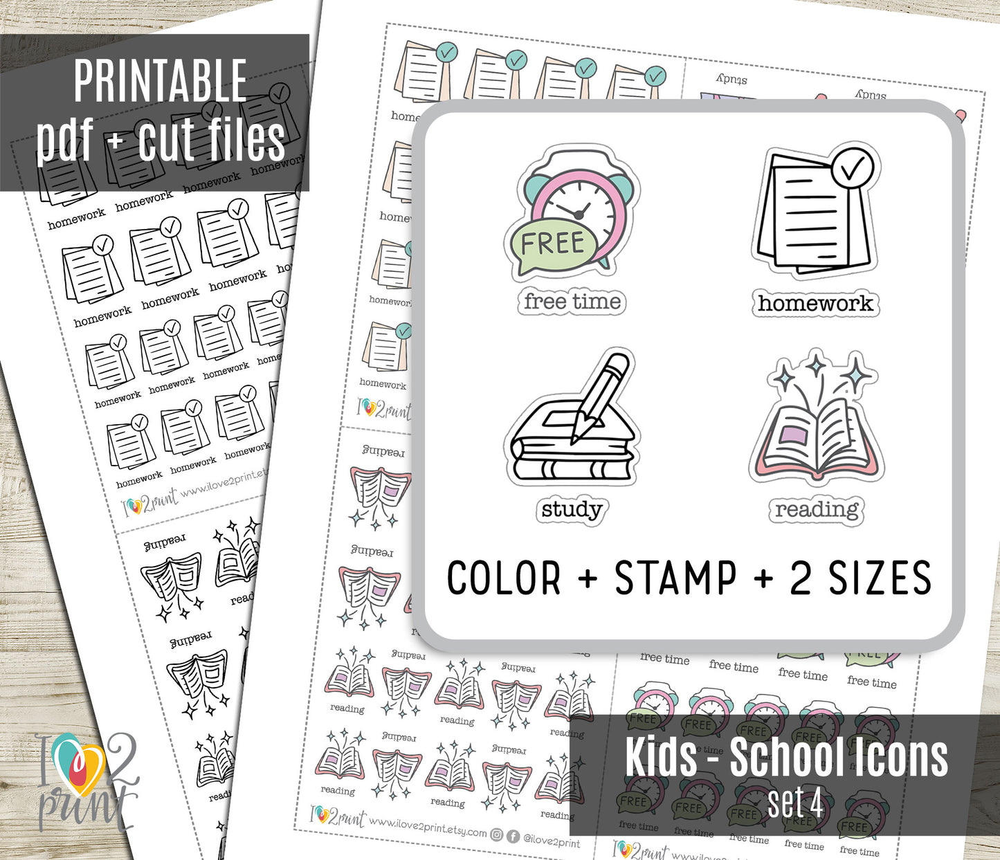 Children's Activity Icons Stickers – Printable (Free Time, Homework, Study and Reading) - PDF & Cut Files
