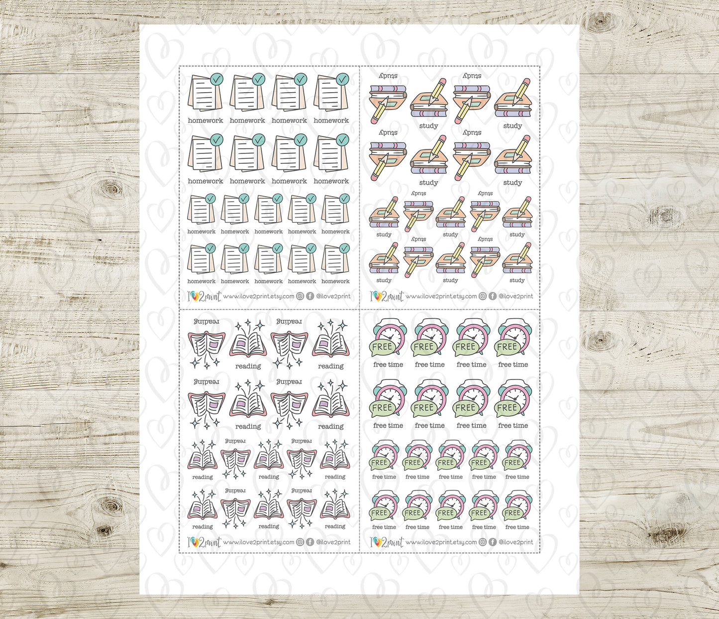 Children's Activity Icons Stickers – Printable (Free Time, Homework, Study and Reading) - PDF & Cut Files