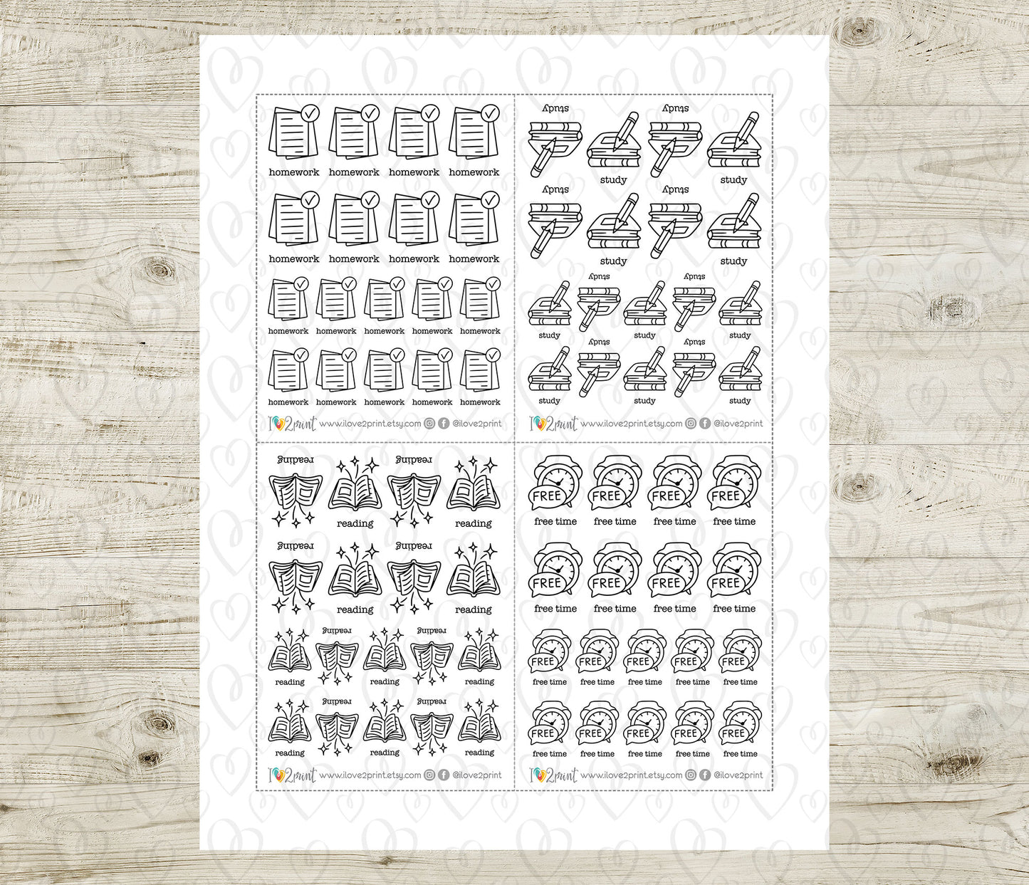 Children's Activity Icons Stickers – Printable (Free Time, Homework, Study and Reading) - PDF & Cut Files