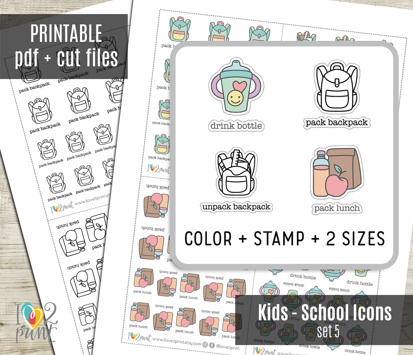 Children's Daily Prep Icons Stickers – Printable (Drink Bottle, Pack, unpack backpack, pack lunch) - PDF & Cut Files