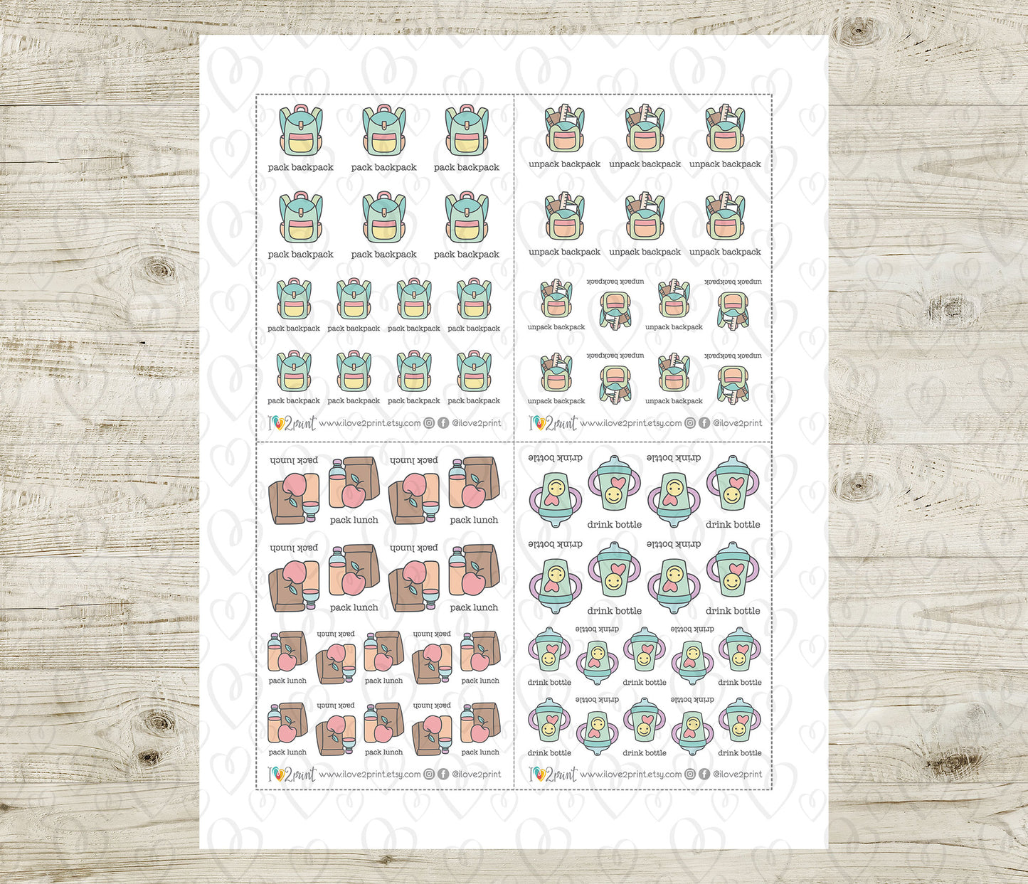 Children's Daily Prep Icons Stickers – Printable (Drink Bottle, Pack, unpack backpack, pack lunch) - PDF & Cut Files