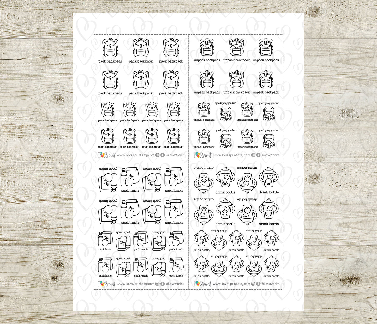 Children's Daily Prep Icons Stickers – Printable (Drink Bottle, Pack, unpack backpack, pack lunch) - PDF & Cut Files