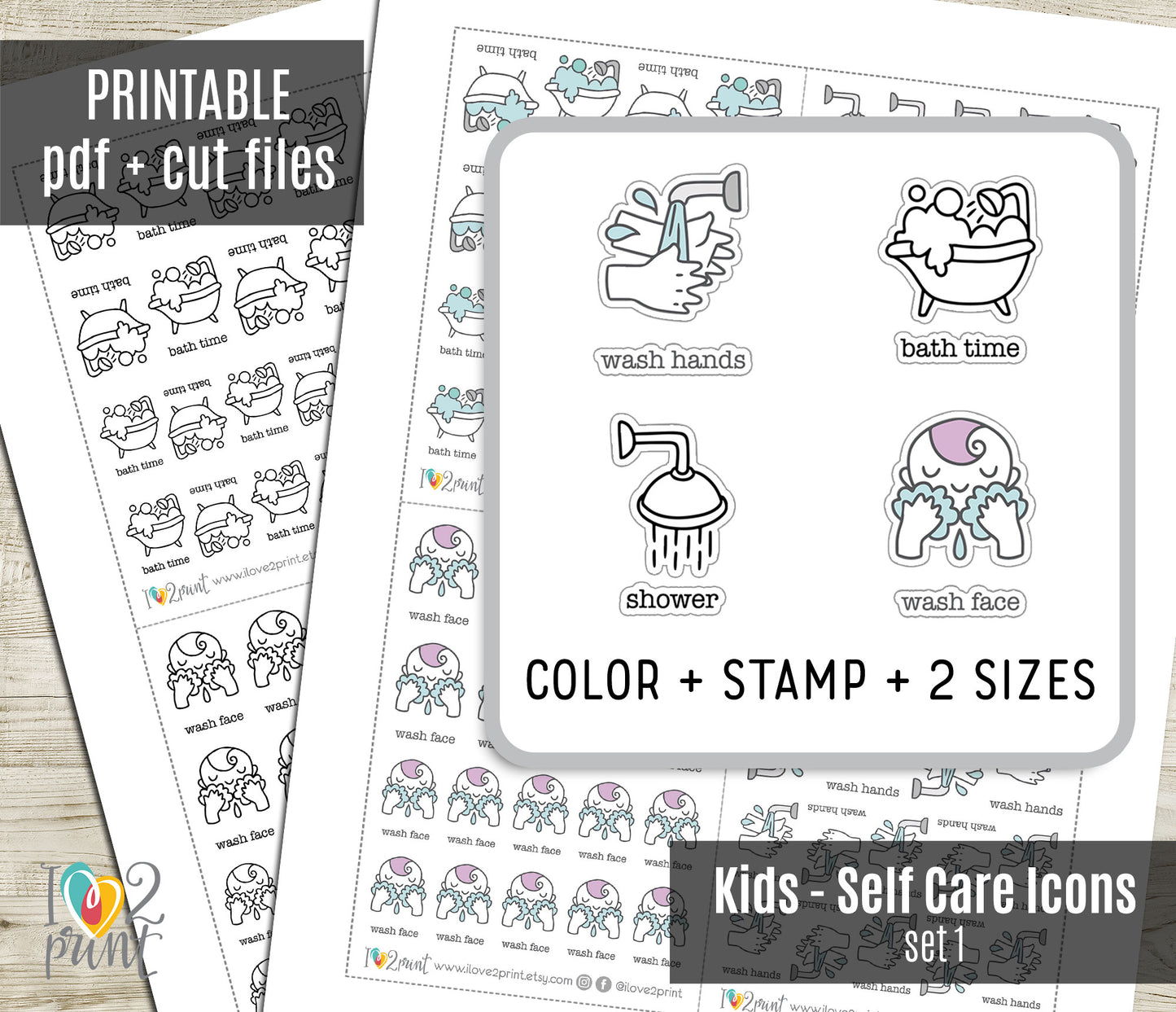 Children's Hygiene Routine Icons Stickers – Printable (wash face, hands, bath time and shower) - PDF & Cut Files