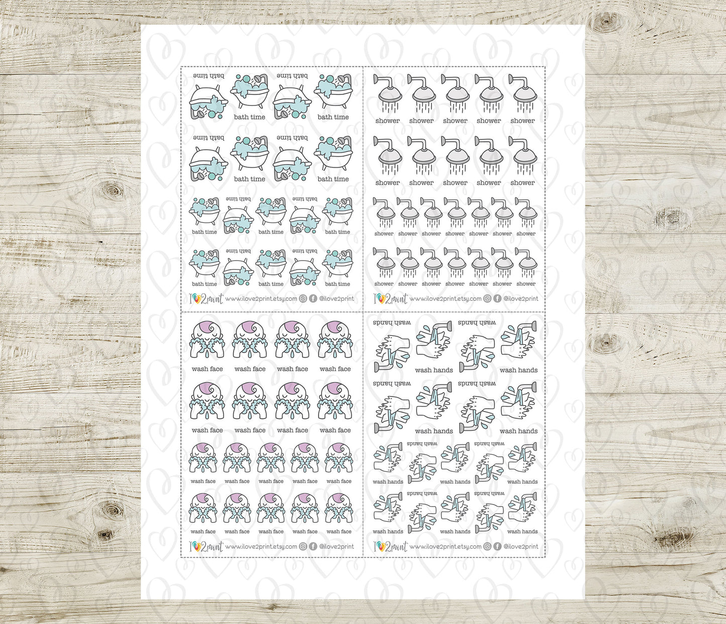 Children's Hygiene Routine Icons Stickers – Printable (wash face, hands, bath time and shower) - PDF & Cut Files