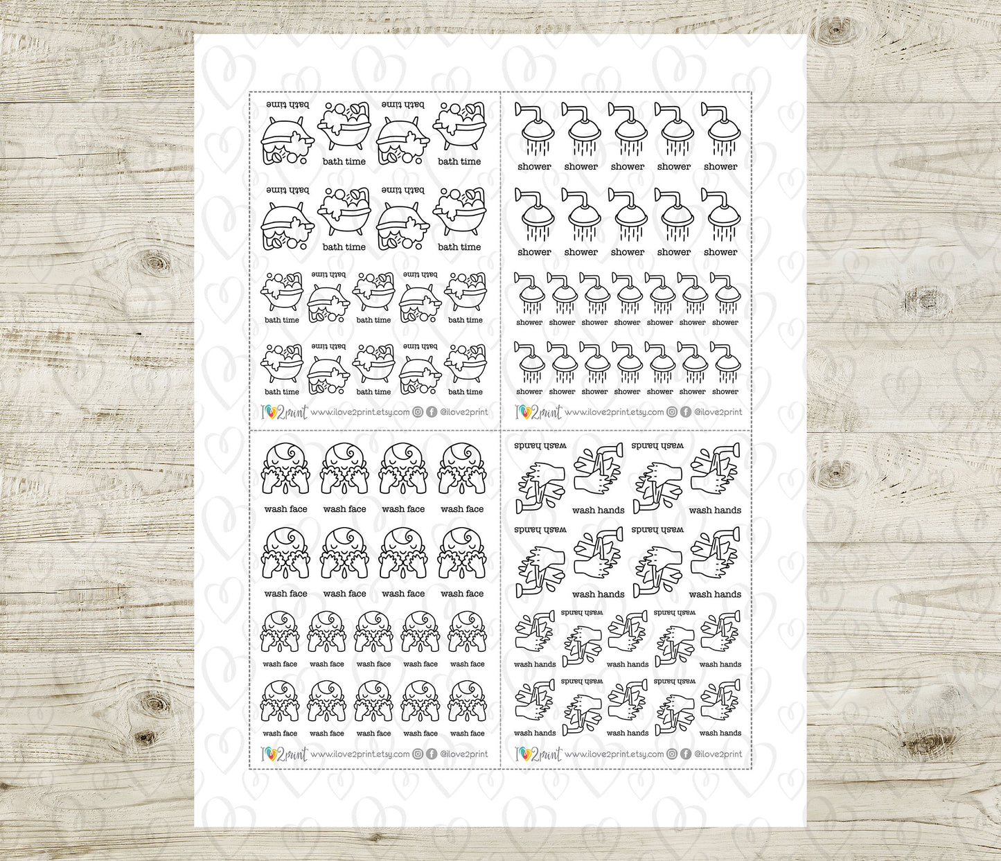 Children's Hygiene Routine Icons Stickers – Printable (wash face, hands, bath time and shower) - PDF & Cut Files