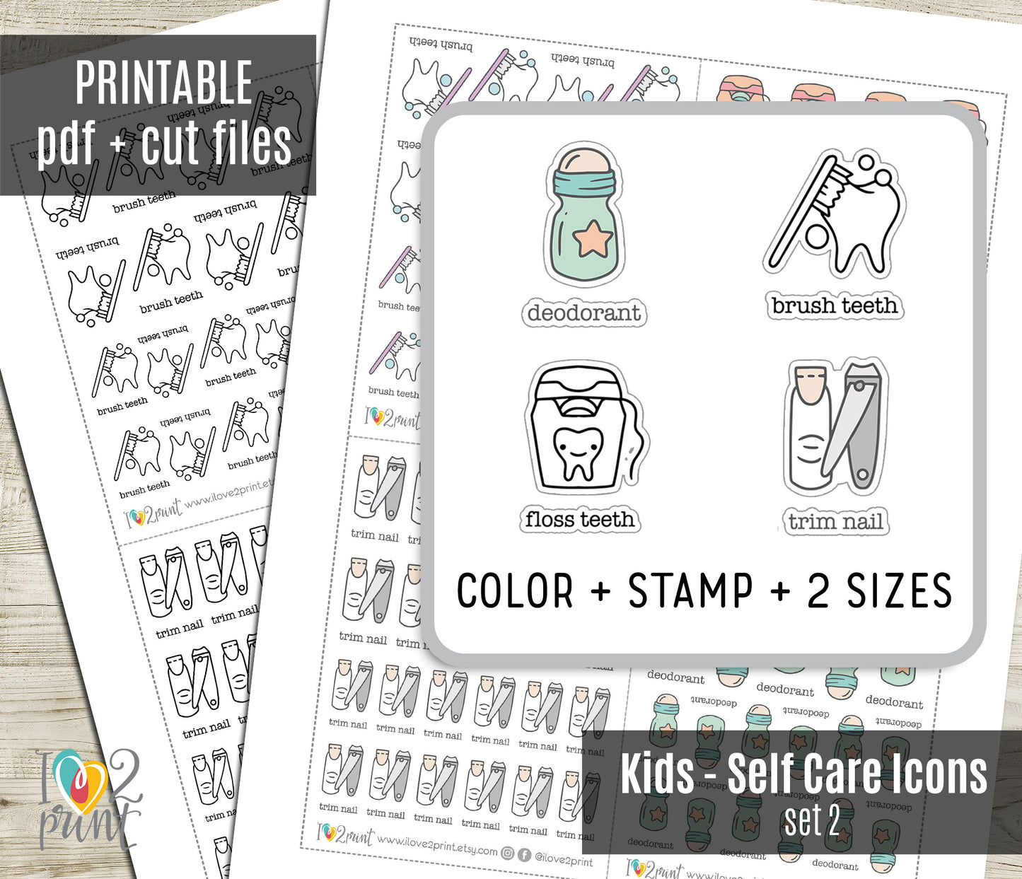 Children's Hygiene Essentials Icons Stickers – Printable (deodorant, brush, floss teeth and trim nail) - PDF & Cut Files