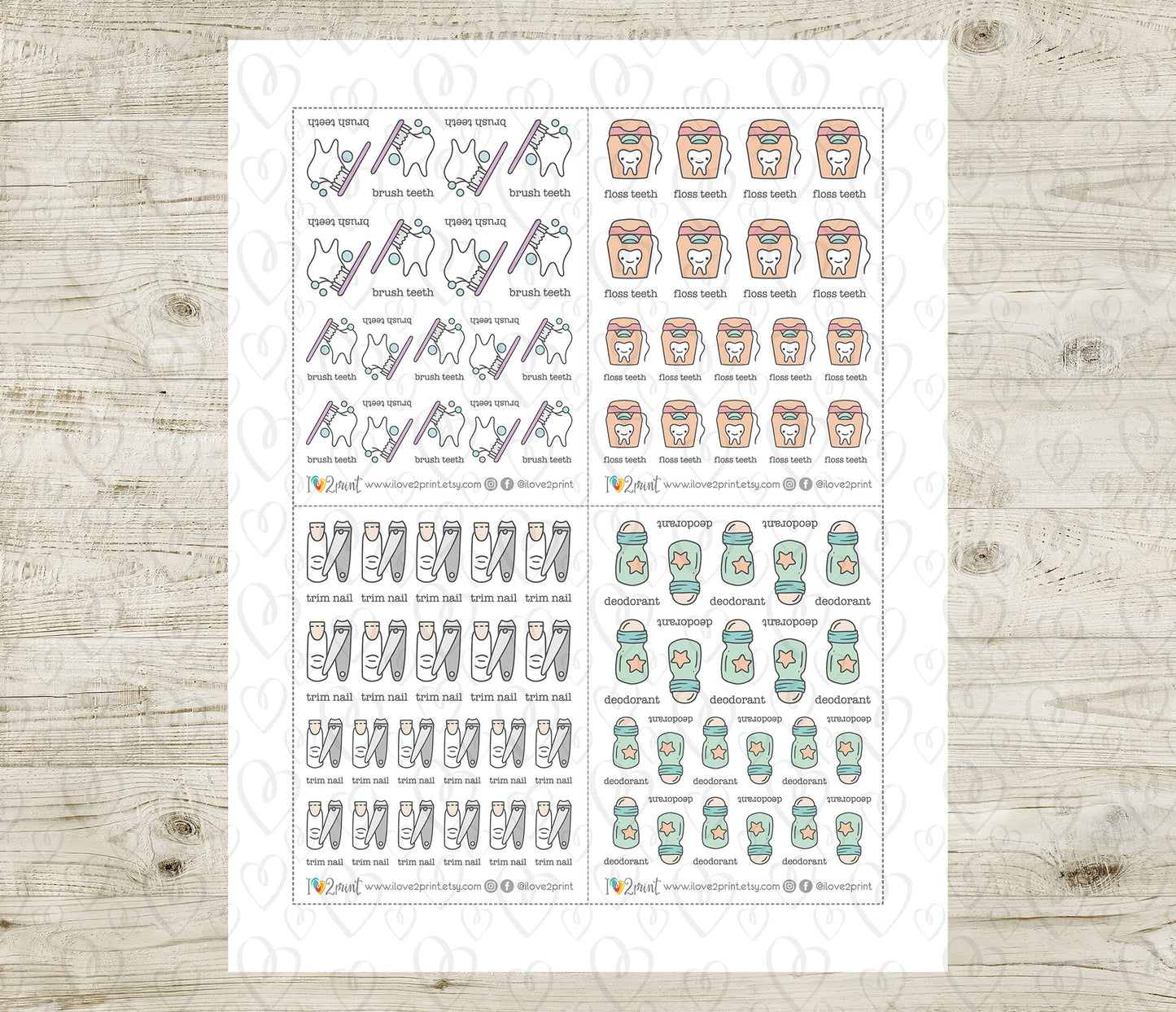Children's Hygiene Essentials Icons Stickers – Printable (deodorant, brush, floss teeth and trim nail) - PDF & Cut Files