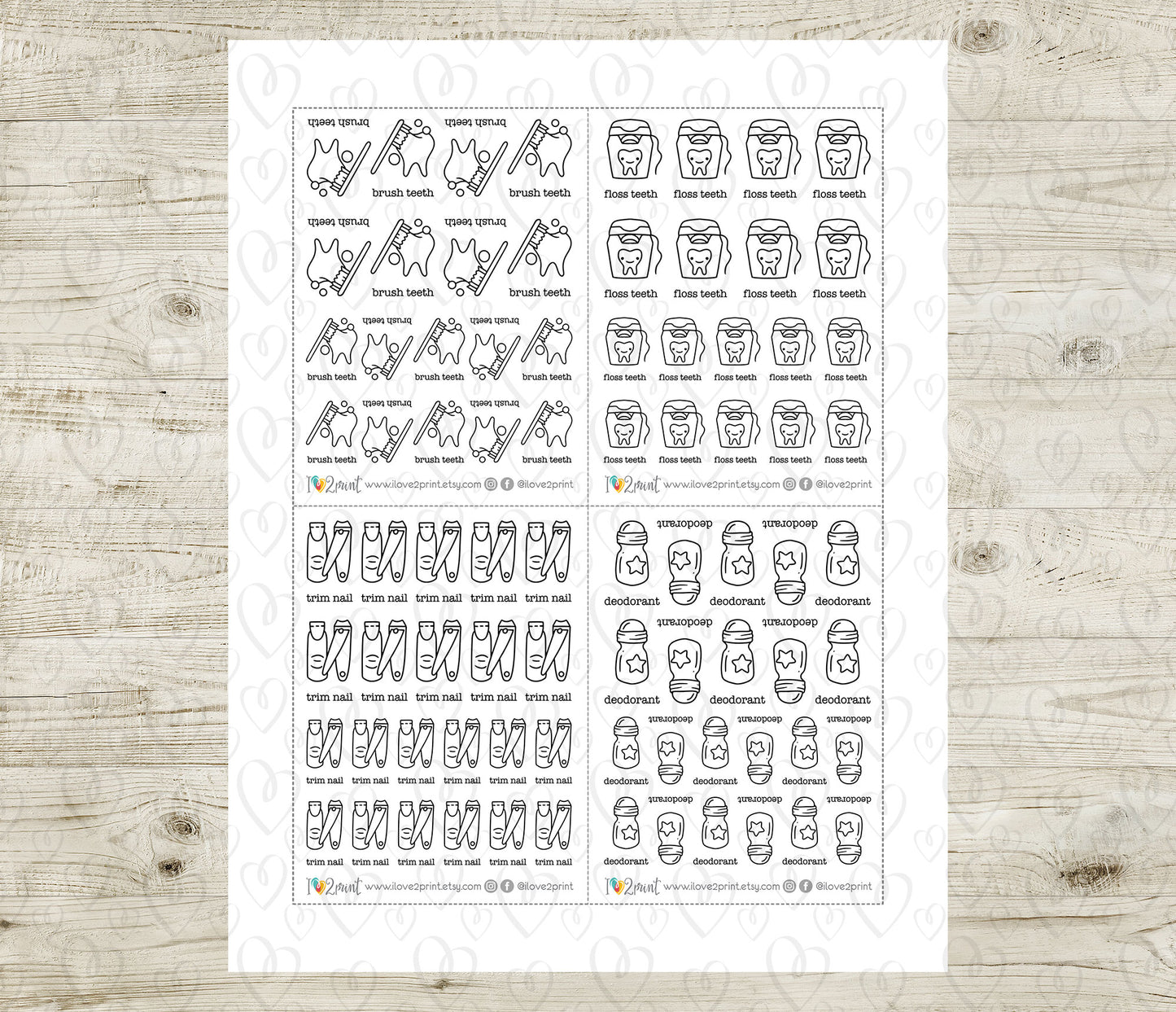 Children's Hygiene Essentials Icons Stickers – Printable (deodorant, brush, floss teeth and trim nail) - PDF & Cut Files