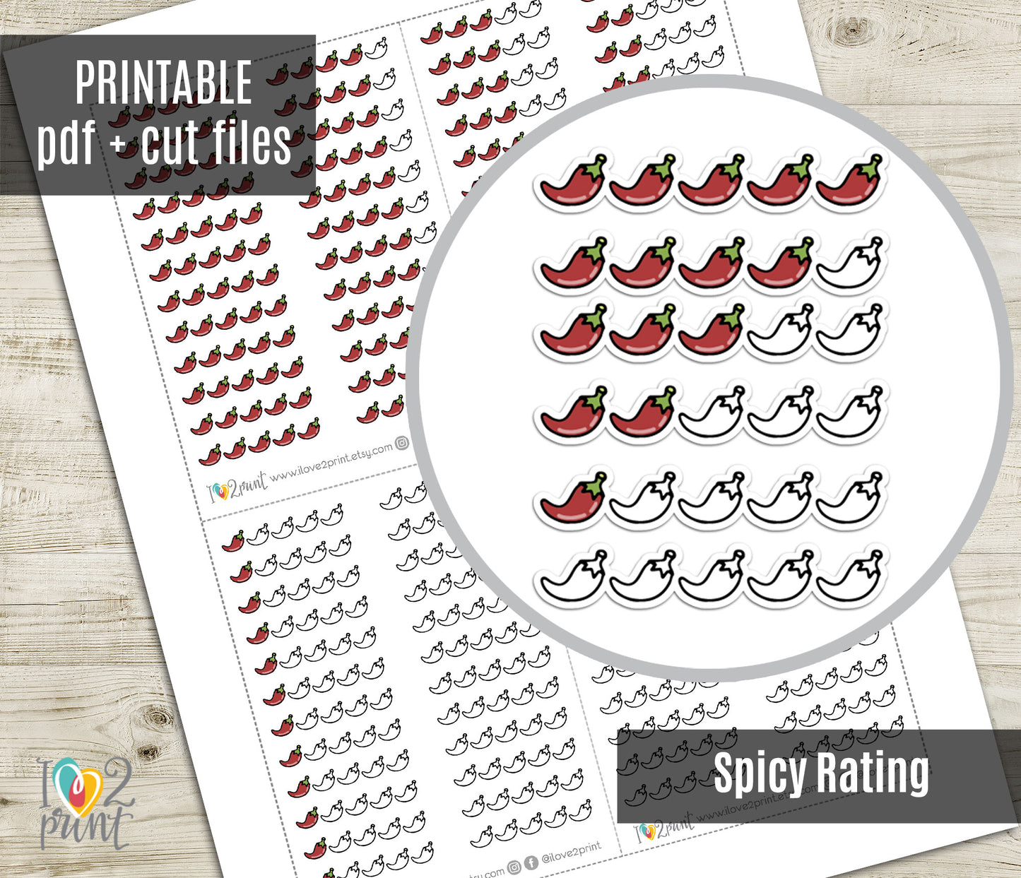 Spicy Rating Printable Planner Stickers – Functional Tracker – PDF + Cut Files – Instant Download