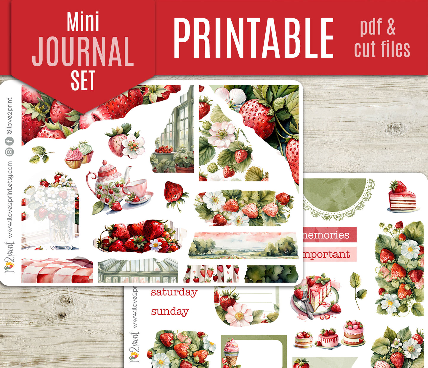Strawberry Fields Journal Stickers - Printable Printable PDF & Cut Files