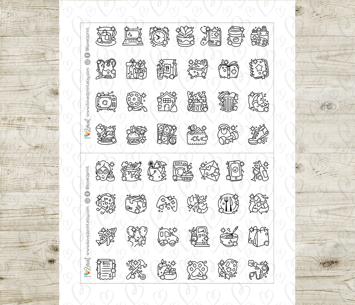 50 Summer - Daily Life Printable Icons Stickers – DOODLE Planner Icons - PDF & Cut Files