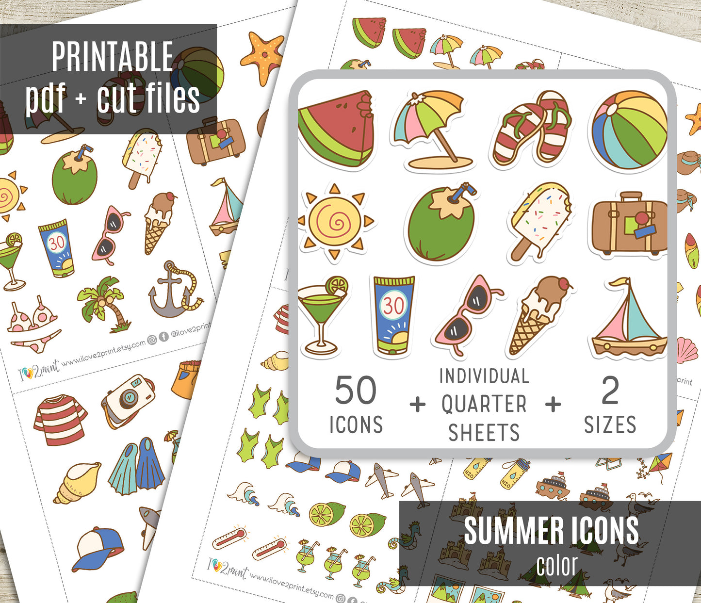 50 Summer Printable Icons Stickers – COLOR Planner Icons - PDF & Cut Files